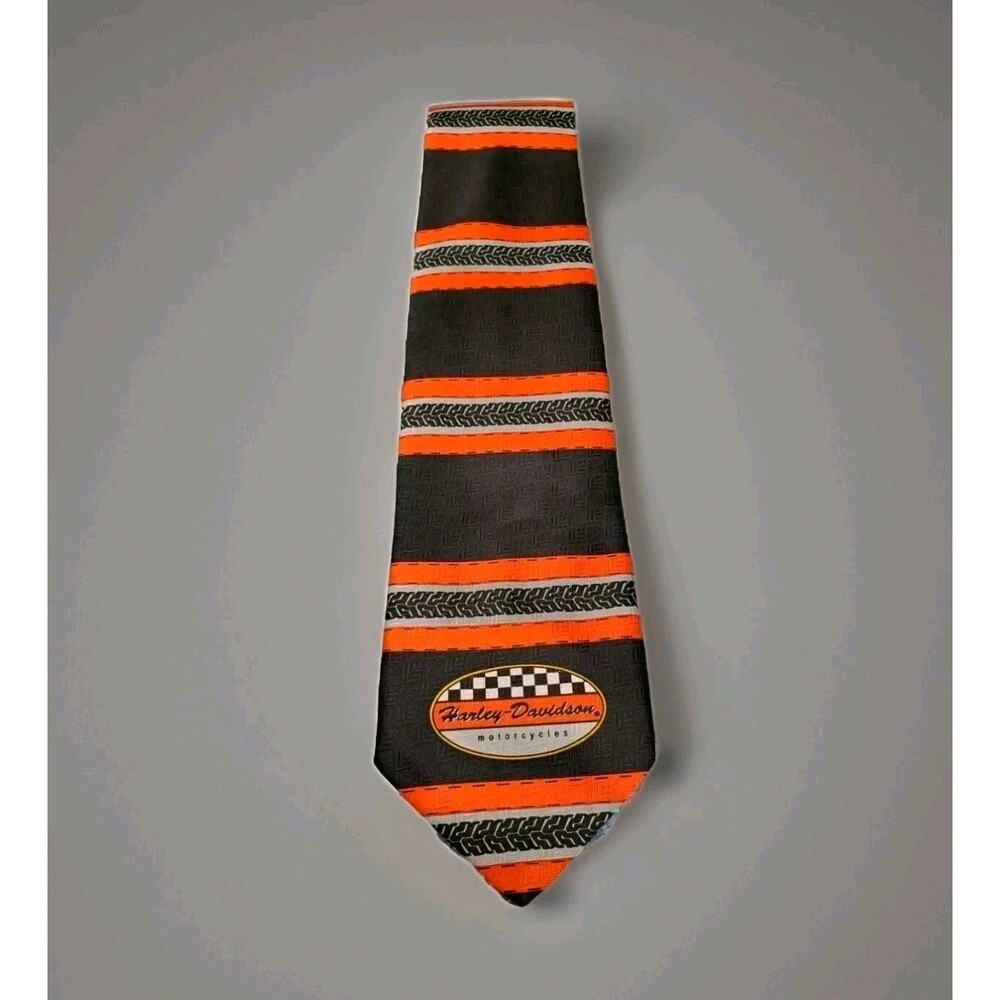 Vtg Harley Davidson Tie Orange Black Road Stripe Tire Mark 2000 Y2K Ralph Marlin